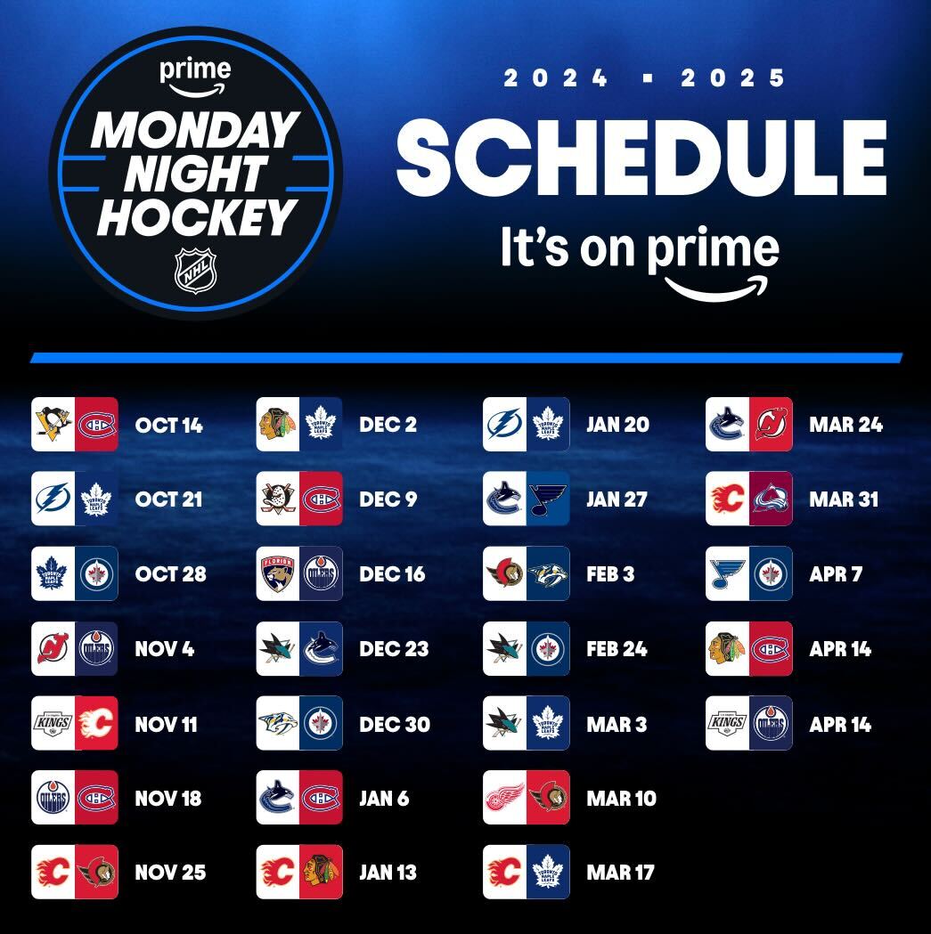 Prime Video Canada Monday night NHL schedule
